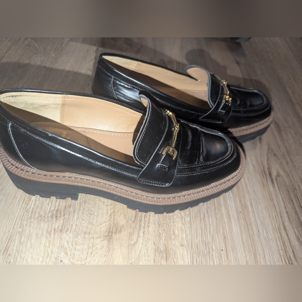 Sam Edelman Black Patent Leather Loafers with Gold Accents - Picture 3 of 4